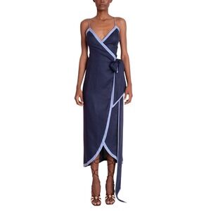 AZULU Colombia Navy Blue Linen Wrap Midi Dress With Light Blue Trim Size S